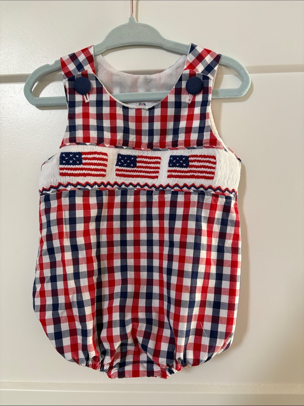 Smocked Polkadot Red & Blue Gingham Baby Romper with Flag Smocking 9 Months